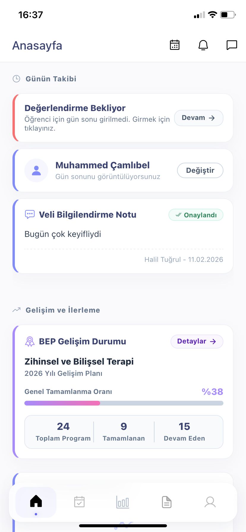Rehapp mobil ana sayfasında gün takibi ve BEP gelişim durumu