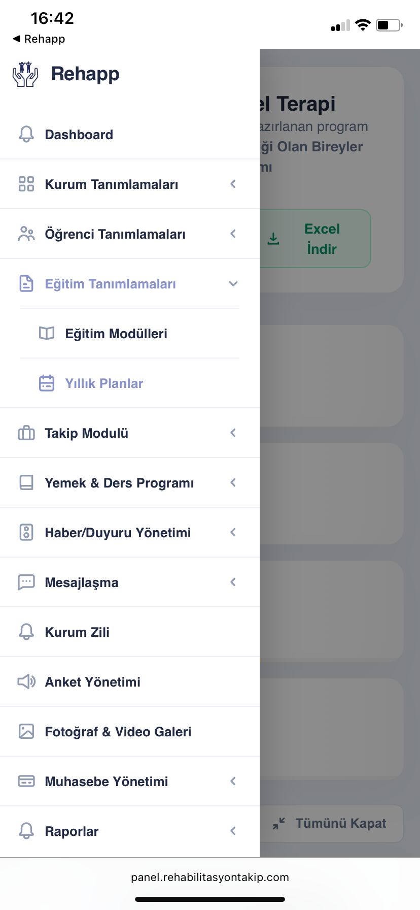 Rehapp mobil kurum yönetimi modülleri