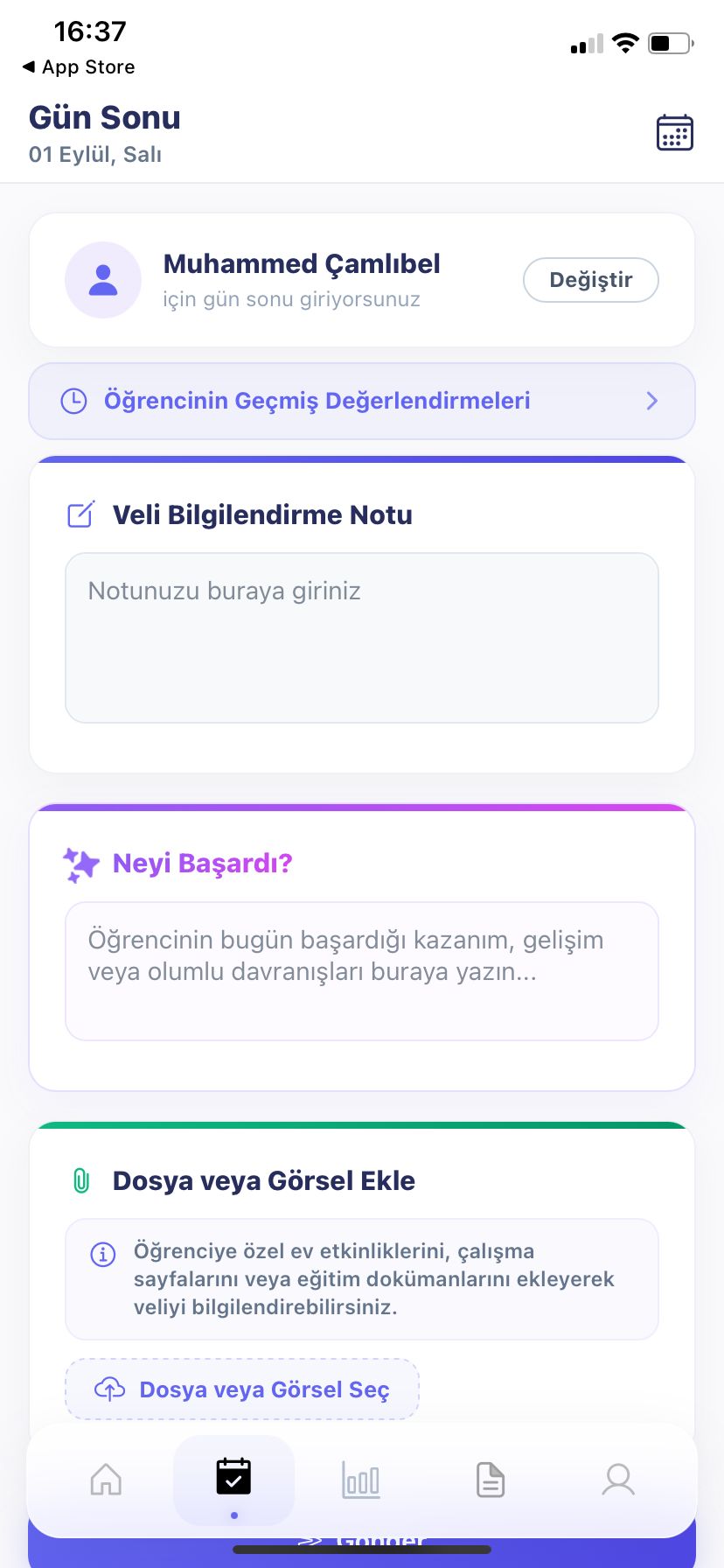 Gün sonu veli bilgilendirme notu, başarı kaydı ve dosya ekleme ekranı