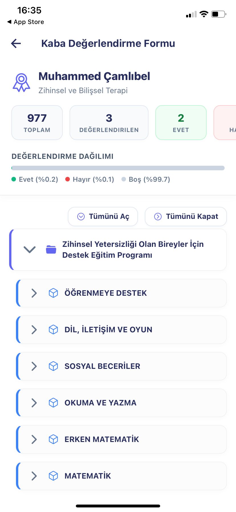 Rehapp Kaba Değerlendirme Formu özet ekranı