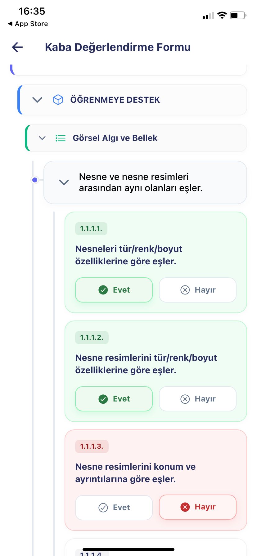 Mobil Kaba Değerlendirme Formu kazanım ekranı