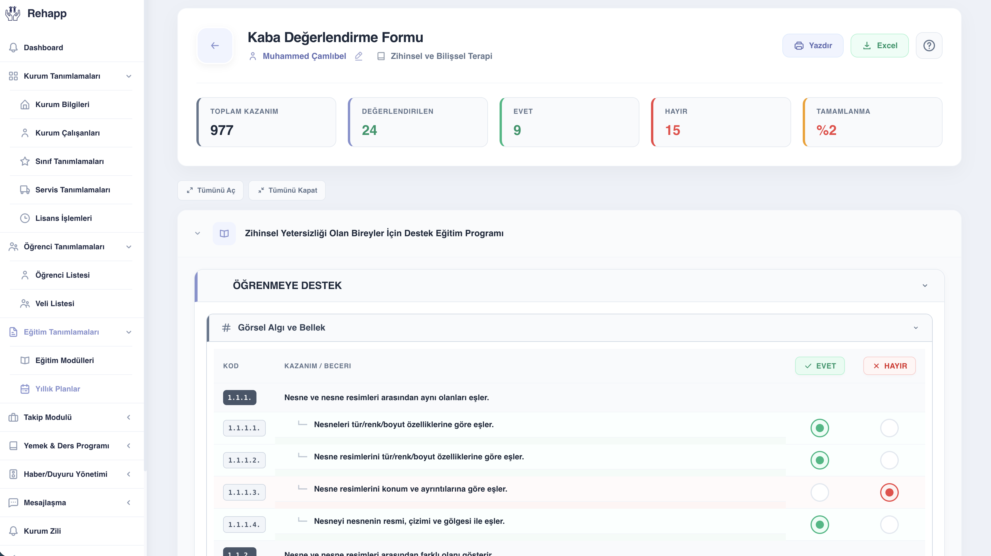 Rehapp web portalında Kaba Değerlendirme Formu