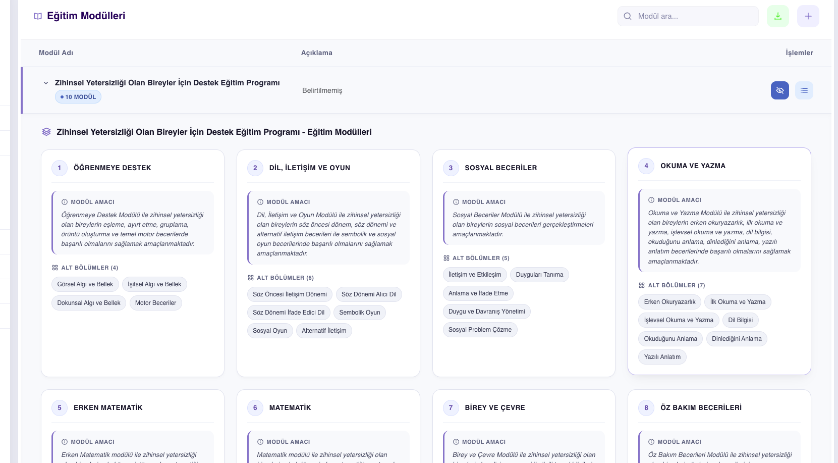Rehapp web portalında eğitim modülleri ekranı